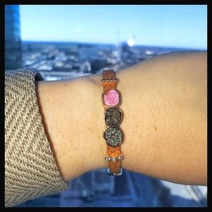 Mixed Druzy Bracelet with Congac Vegan Leather Band